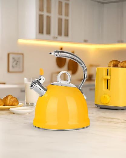 Harriet Tea Kettle Stovetop, 2.5 QT Whistling Stainless Steel Teapot, 3-Layer Base, Unique Ergonomic Handle, Includes Pot Holder & Mat, Electric/Induction/Gas Stovetops Applicable, Yellow
