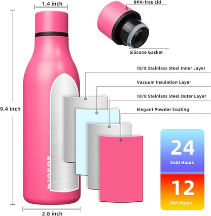BJPKPK Insulated Water Bottles, 18 oz Stainless Steel Metal Water Bottle with Strap, BPA Free Leak Proof Jugs, Mugs, Flasks, Reusable Thermal Flasks for Sports & Travel, Pink