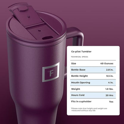 IRON °FLASK Co-Pilot Insulated Mug w/Straw & Flip Cap Lids - Cup Holder Bottle for Hot, Cold Drink - Leak-Proof - Water, Coffee Portable Travel Mug - Burgundy, 40 Oz