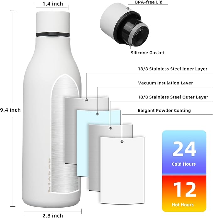 BJPKPK Insulated Water Bottles, 18 oz Stainless Steel Metal Water Bottle with Strap, BPA Free Leak Proof Jugs, Mugs, Flasks, Reusable Thermal Flasks for Sports & Travel, White