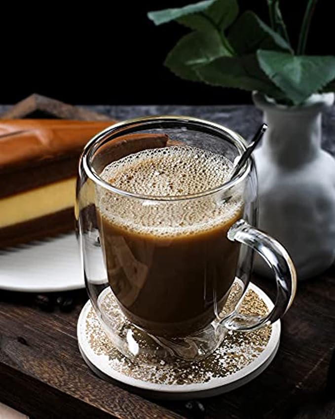 LIBWYS 4 Pack Double Walled Coffee Cups Glasses Mugs 12oz, Espresso Cappuccino Latte Tea Cups with Handle, Heat Resistant Borosilicate Clear Glasses 350ml