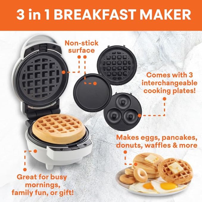 MasterChef 3-in-1 Mini Holiday Breakfast Maker- Make Eggs Pancakes Donuts Waffles & More in 1 Easy to Use Appliance! 3 Removable NonStick Cooking Plates for Quick Cleaning Storing- Compact Cooker Gift