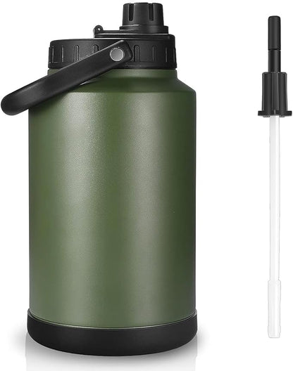 Sursip One Gallon Insulated Water Jug wtih Straw,128 Oz Large Sports Water Bottle Stainless Steel Thermos Hot & Cold Drinks for Travel, Hiking, Camping 1 Gallon Jug (Amry Green)
