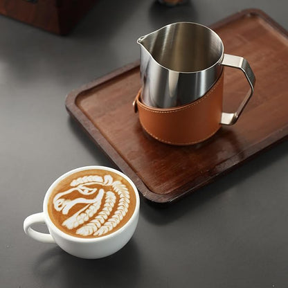 Milk Frothing Pitcher 450ml/16oz 304 Stainless Steel Espresso Steaming Pitcher with PU Leather, Milk Frothing Jug,milk frother cup,Milk Jug Cup,Premium Barista Tools,Latte Art (Bright 20oz)