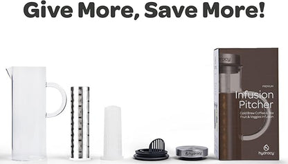 Cold Brew Coffee Maker - Large Glass Infusion Pitcher 1.6 Quarts 52oz - Iced Coffee & Iced Tea Pitcher with Stainless Steel Lid & Fruit Infusion Tube - Perfect for Home or Office