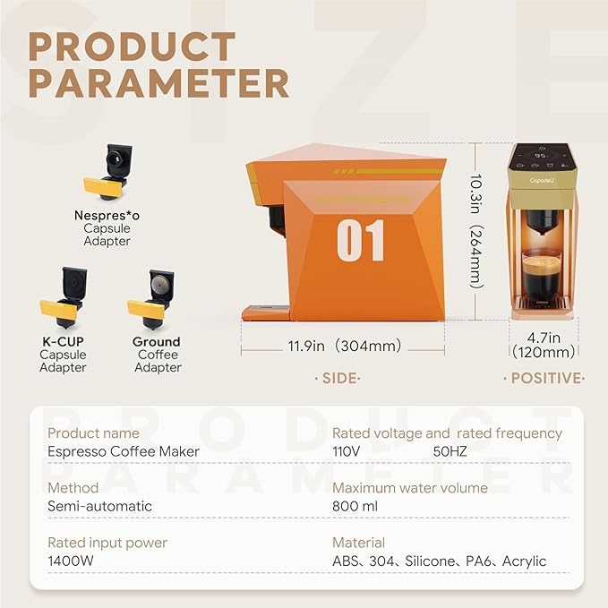 3 in 1 Single Serve Coffee Maker,Fast Brew in 1 minute 19Bar Pump Coffee Machine for K*Cup、NES*press and Ground Coffee,with 27oz Removable Water Reservior, Orange Espresso Coffee Machine
