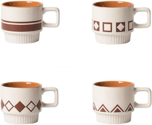 Stackable Coffee Mugs Set, Ceramic Espresso Cups for Au Lait, Cappuccino,Latte,Cafe,Mocha,Tea, Geometric Pattern Cups Suit For Housewarming Wedding- 11 oz, Set of 4, Beige&Brown
