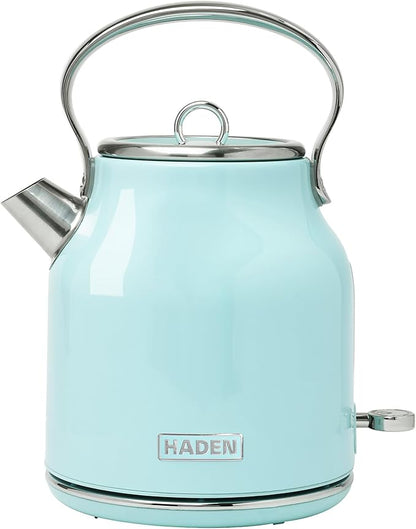Haden Heritage 1.7 Liter Stainless Steel Electric Kettle, Hot Water Kettle with 360-Degree Base and Auto Shutoff, Turquoise & Chrome