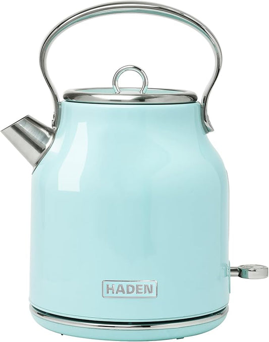 Haden Heritage 1.7 Liter Stainless Steel Electric Kettle, Hot Water Kettle with 360-Degree Base and Auto Shutoff, Turquoise & Chrome