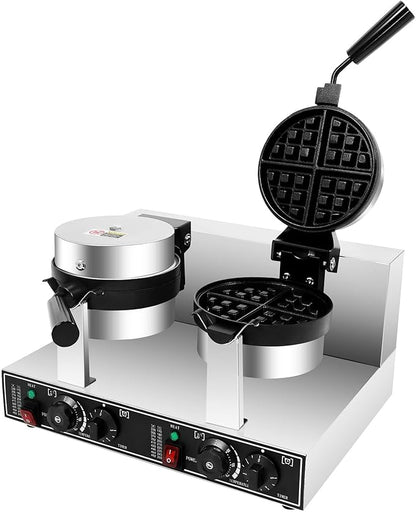 Commercial Waffle Maker, Double Head Waffle Maker Machine Belgian Round Waffle Iron Non-Stick Rotary Heating Pancake Machine with Temp & Time Control for Kitchen Restaurant (Stye 2)