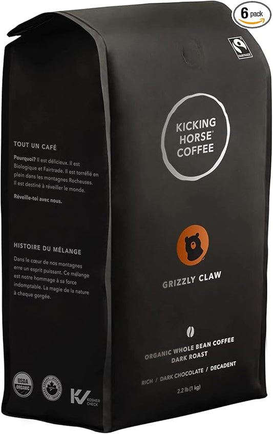 Kicking Horse Coffee Grizzly Claw, Dark Roast, Whole Bean, 1 Kg (Pack of 6) - Certified Organic, Fairtrade, Kosher
