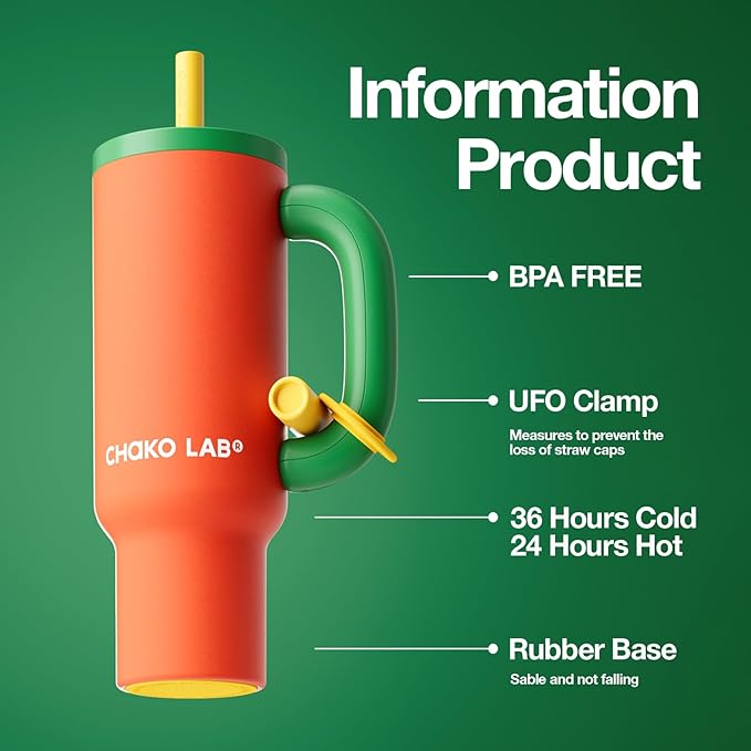 BaWang Insulated Stainless Steel Tumbler | Tumbler with Handle and Straw 33oz | Cup Holder Friendly for Travel | Leakproof Water Bottle | BPA-Free | 316 stainless steel liner| Red & Green