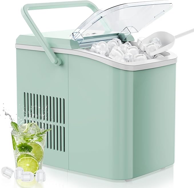 OLIXIS Ice Maker Machine with Handle,26lbs in 24Hrs,9 Ice Cubes in 6 Mins,Auto-Cleaning Portable Ice Maker with Basket and Scoop, Countertop Ice Maker for Home/Kitchen/Camping/RV, Sleek Green
