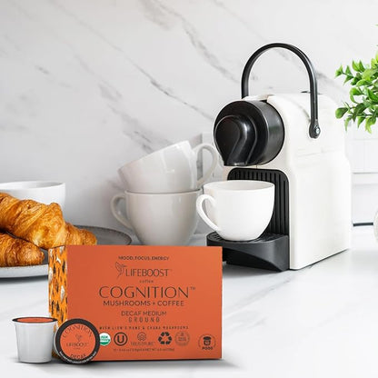 Lifeboost Cognition Decaf Mushroom Coffee Pods – Organic Low Acid Decaf K-Cups with Lion’s Mane & Chaga Adaptogens – Nootropic Coffee for Focus, Energy & Immune Support – 10 Count