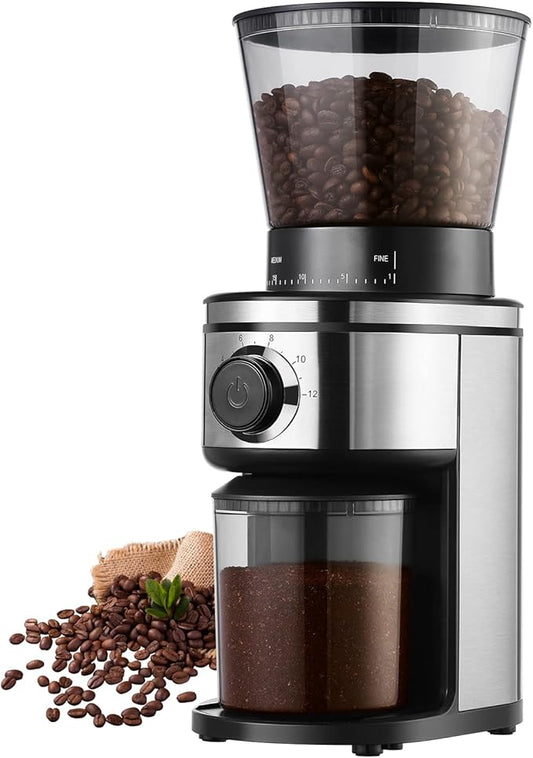 Burr Coffee Grinder, Electric Conical Coffee Bean Grinder With 30 Adjustable Grind Settings For 2-12 Cups, Sliver & Black