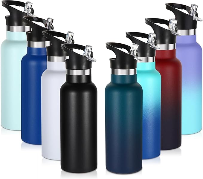 Volhoply 17oz Insulated Water Bottle Bulk 8 Pack,Stainless Steel Kids Water Bottles with Straw Lid,Double Wall Vacuum Metal Water Flask,Reusable Sports School Keep Cold (Eight Color,8 Set)