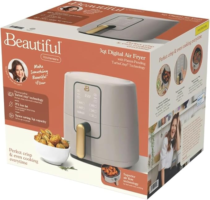 Beautiful 3-Quart Digital Air Fryer with TurboCrisp Technology by Drew Barrymore – 4 Preset Functions, 1200W Power, Non-Stick Coating, Dishwasher Safe Basket (Porcini Taupe)