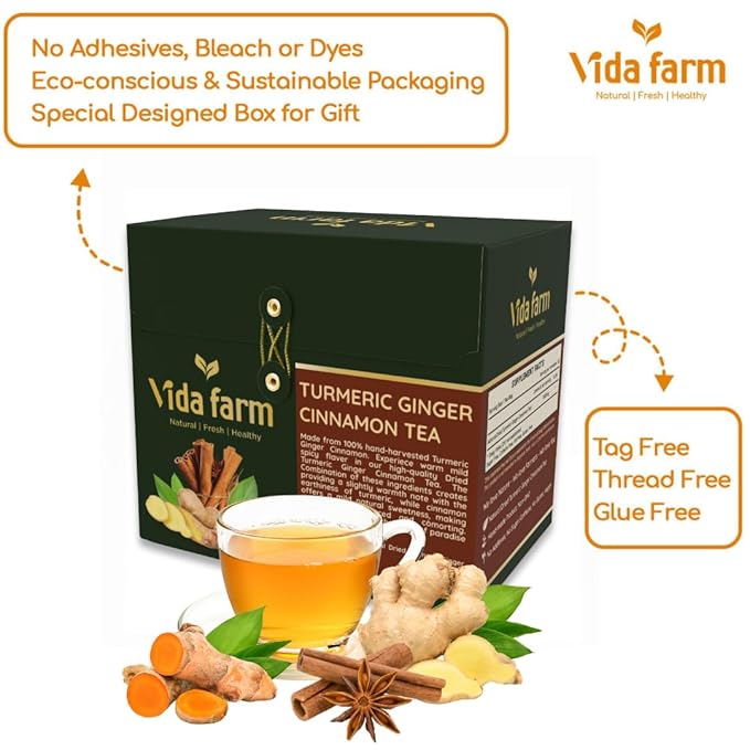 VIDA FARM 75 Turmeric Ginger Cinnamon Tea Bags, Natural Ginger Cinnamon Turmeric Tea, Ginger Cinnamon Turmeric Herbal Tea, Sugar Free, Caffeine Free, Gluten Free