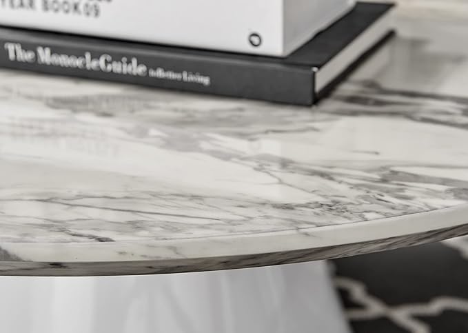 Coffee Table - Palma Round Coffee Table - Contemporary Minimalist Coffee Table with Tapered Central Pillar - White Marble-Effect Finish - Living Room Furniture