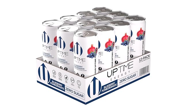 UPTIME Energy Drink, Blueberry Pomegranate, 12 Pack, Vitamin C, L Theanine, Calcium, Sugar Free Energy Drinks for Focus Support, 142mg of Natural Caffeine, 0 Calories, Clean, Natural, 12 fl oz Cans