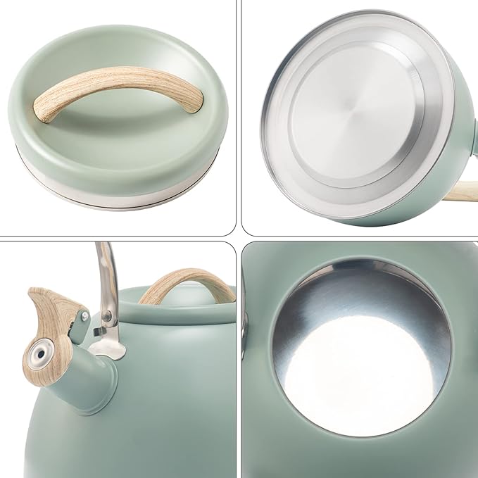 3.2 Quart Whistling Tea Kettle for Stove Top Stainless Steel Tea Pots With Wood Pattern Anti-slip Handle, Green…