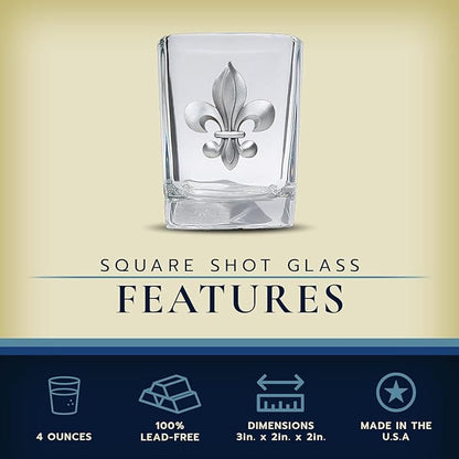 Heritage Pewter Fleur de Lis Square Shot Glass | Hand-Sculpted 1.5 Ounce Shot Glass | Intricately Crafted Metal Pewter Inlay