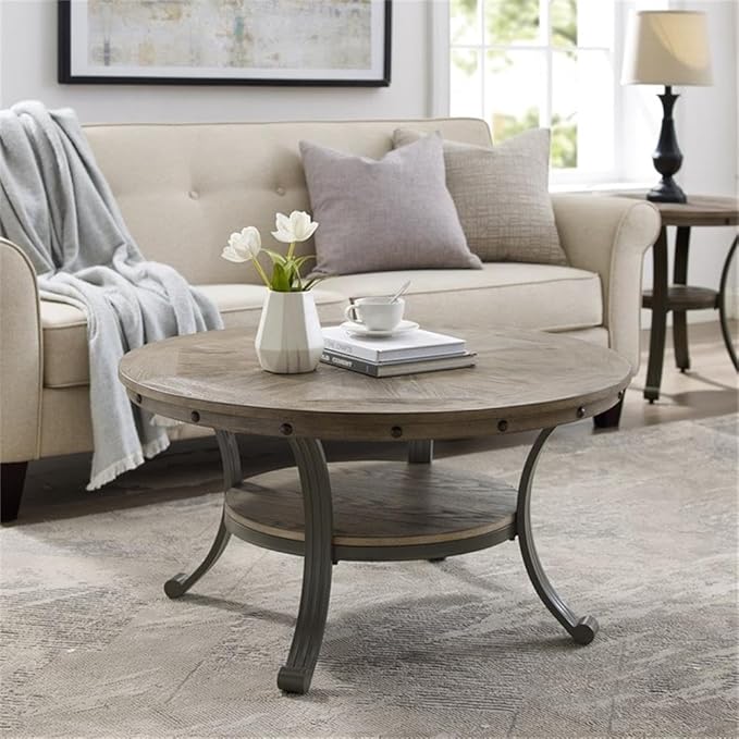 Pemberly Row Transitional Metal and Wood Round Coffee Table in Pewter