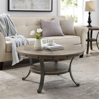 Pemberly Row Transitional Metal and Wood Round Coffee Table in Pewter