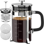Load image into Gallery viewer, QUQIYSO French Press Coffee Maker 34oz 304 Stainless Steel French Press with 4 Filter, Heat Resistant Durable, Easy to Clean, Borosilicate Glass Coffee Press, 100% BPA Free Glass Teapot, Silver