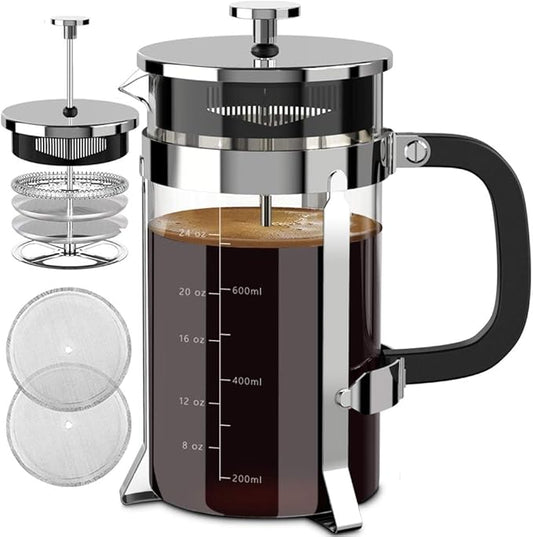QUQIYSO French Press Coffee Maker 34oz 304 Stainless Steel French Press with 4 Filter, Heat Resistant Durable, Easy to Clean, Borosilicate Glass Coffee Press, 100% BPA Free Glass Teapot, Silver