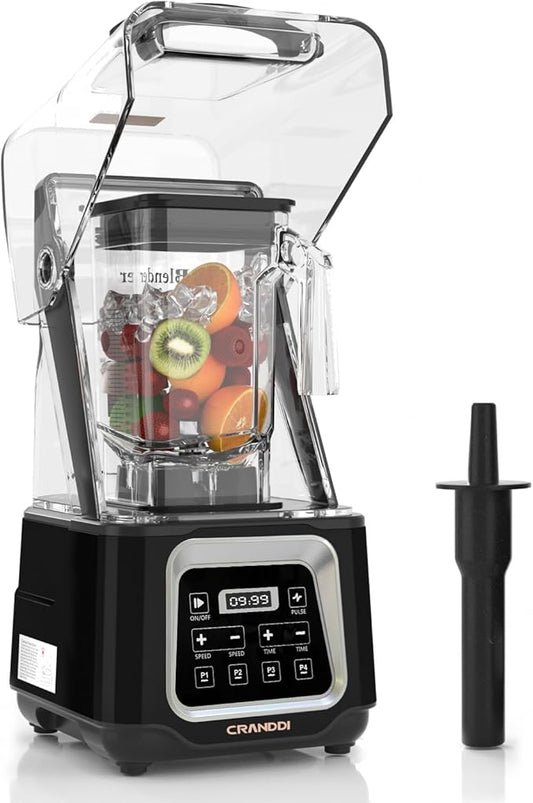 CRANDDI Commercial Smart Smoothie Blender - 2200W High-Power Professional Blenders for Smoothies & More, 4 Pre-Set Programs, Quiet Blender with Removable Shield, 52oz Jar, 120V, K80TS (Black)