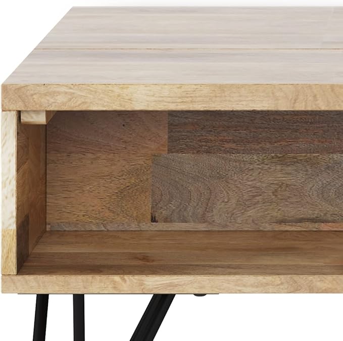 SIMPLIHOME Hunter Small Lift Top Coffee Table - 36 inch Wide Solid Mango Wood and Metal Industrial Cocktail Table in Natural, Living Room Table with Hidden Storage, 2 Cubbies, and Hairpin Legs