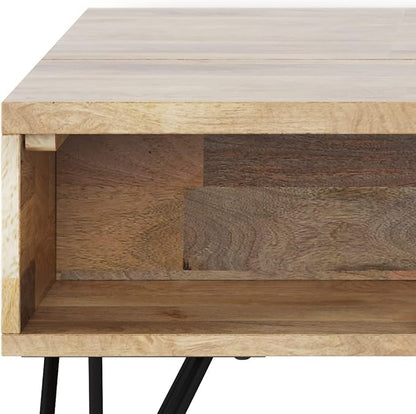 SIMPLIHOME Hunter Small Lift Top Coffee Table - 36 inch Wide Solid Mango Wood and Metal Industrial Cocktail Table in Natural, Living Room Table with Hidden Storage, 2 Cubbies, and Hairpin Legs