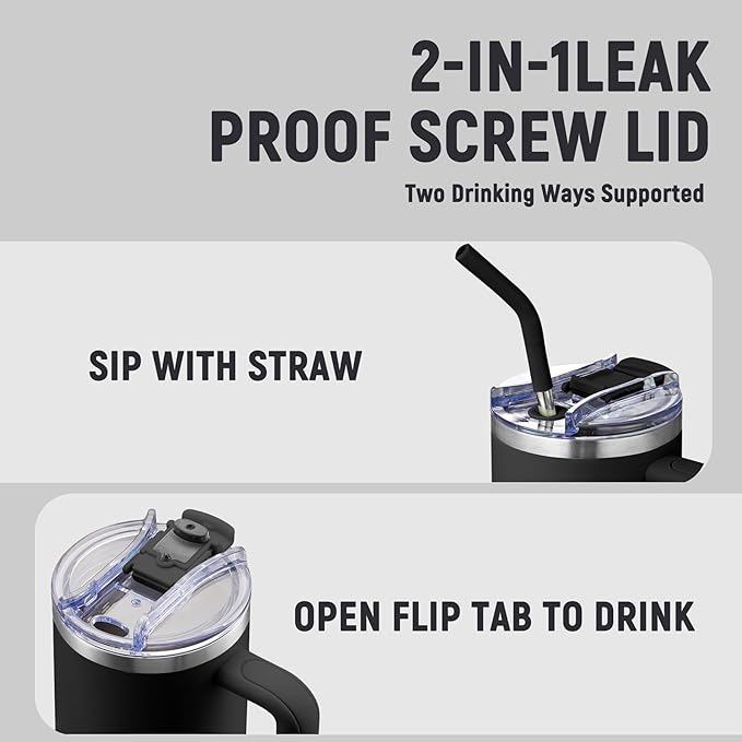 COKTIK 40 oz Tumbler With Handle and Straw Lid, Vacuum Insulated Travel Coffee Mug Stainless Steel Insulated Cup for Beverages, Leak-proof, Cupholder Friendly (Black)