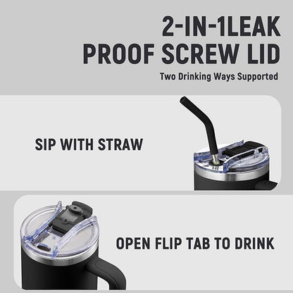 COKTIK 40 oz Tumbler With Handle and Straw Lid, Vacuum Insulated Travel Coffee Mug Stainless Steel Insulated Cup for Beverages, Leak-proof, Cupholder Friendly (Black)