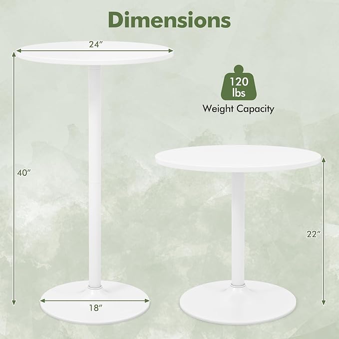 COSTWAY Round Bistro Table, Height Adjustable Bar Height Cocktail Table, High Top Pub Table Snack Table with Heavy-Duty Metal Base for Home Bar, Dining Room, Restaurant, White