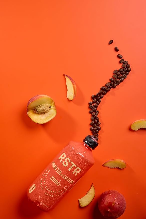 RSTR Peach Tea 12 Pack – Fruity High Energy Beverage – Natral Caffeine, Zero Added Sugar, Ultra Low Calories – Healthy Peach Tea for Adults - No Jitters, Not Carbnated and No Chrash.