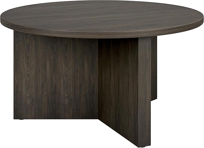Henn&Hart 32" Round Wood Pedestal Coffee Table for Living Room, Family Room, Office, or Apartment, Alder Brown