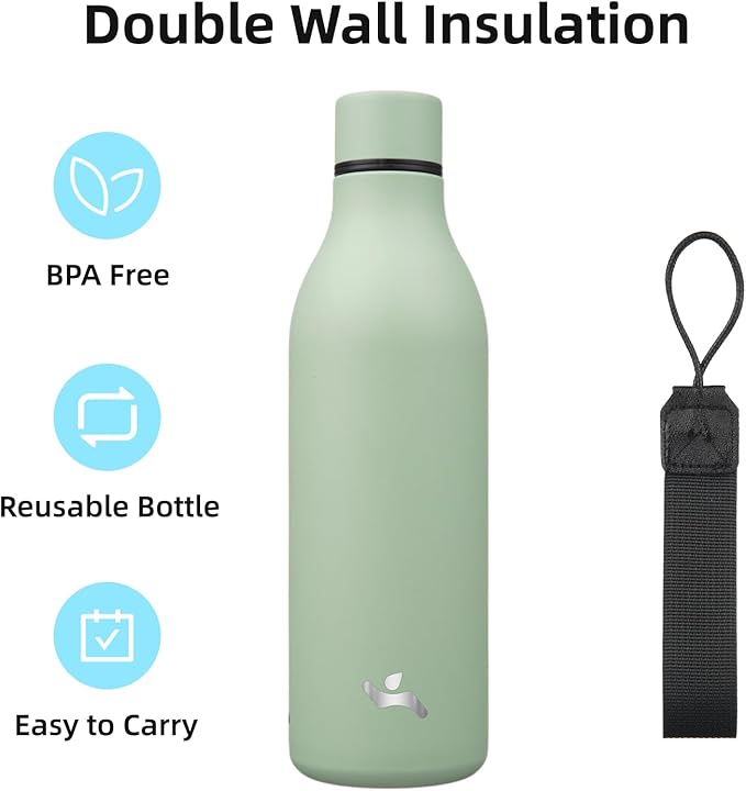 Insulated Water Bottle with Strap,25 oz Double Wall Stainless Steel Vacuum Bottles Metal Water Flask,Macaron Green