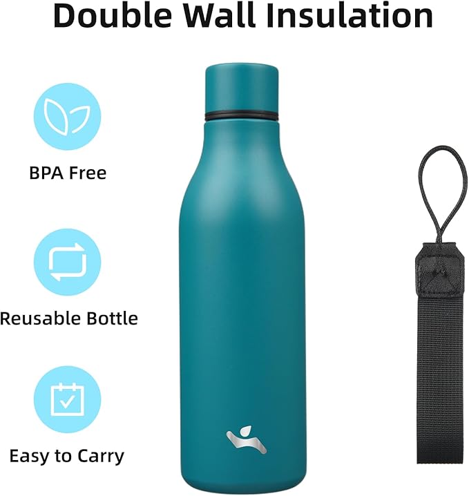Insulated Water Bottle with Strap,18 oz Double Wall Stainless Steel Vacuum Bottles Metal Water Flask,Lake Blue