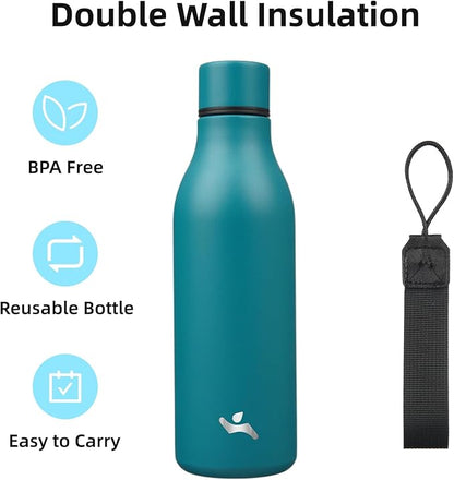 Insulated Water Bottle with Strap,18 oz Double Wall Stainless Steel Vacuum Bottles Metal Water Flask,Lake Blue
