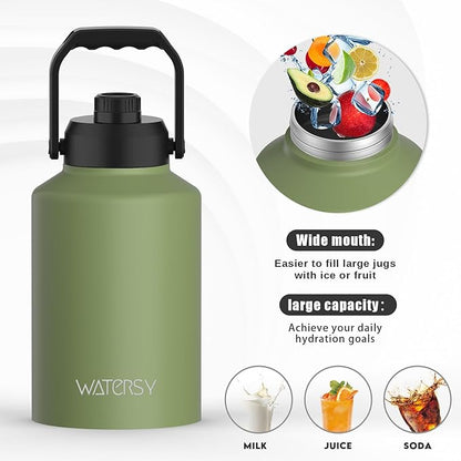 1 Gallon Water Bottle Insulated(Cold for 48 Hrs),BPA Free&Leak Proof,128oz Stainless Steel Water Jug,Big thermo,Large Water Bottle with Handle for Gym,Hiking,Camping&Travel,Olive Green
