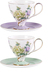 Load image into Gallery viewer, KAMMAK Ceramic Coffee Cups Saucers Set of 2, Porcelain Espresso Cups with Saucers, 8.12 oz Handcrafted Elegant Bone China Tea Cups, Purple Purple &amp; Mint Green Flower Teacup for Party, Office, Gift
