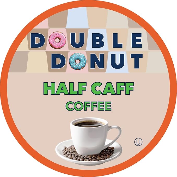 Double Donut Coffee Half Caff Coffee Pods, Single Serve Half Caffeine Coffee Pods For Keurig K Cup Brewers, Medium Roast, 24 Count