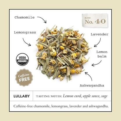Steven Smith Teamaker Lullaby No. 40, Chamomile, Lemongrass, Lavender, Ashwagandha, Caffeine-Free, Organic Relaxing & Bedtime Wellness, Sugar-Free, Herbal Tea Bags, 15 Sachets, 0.95oz each