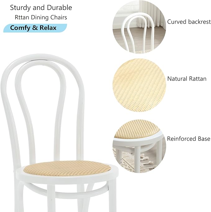Kmax Vintage Dining Chairs Set of 4, Thonet Soild Wood Rattan Kitchen Chairs Armless French Country Dining Chairs for Wedding Hotel Dessert Shop Cafe, White