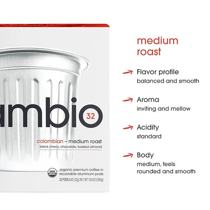 Cambio Roasters Colombian Organic Coffee K Cups for Keurig, Medium Roast Coffee K-Cup, Only Aluminum Keurig K Cups with Organic Beans, More Flavor & Longer Lasting Freshness, Medium Roast, 60 count