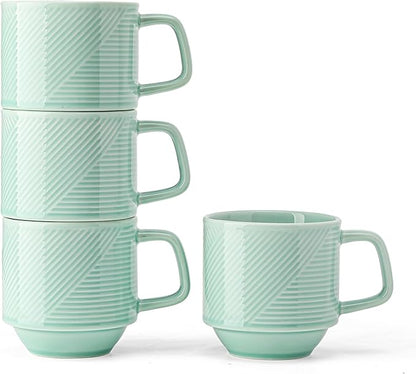 Stackable Coffee Mugs Set: 13 oz Ceramic Stacking Cups for Cappuccino Latte Tea - Microwave Safe Mug for Home & Office - 4 PCS, Mint Green