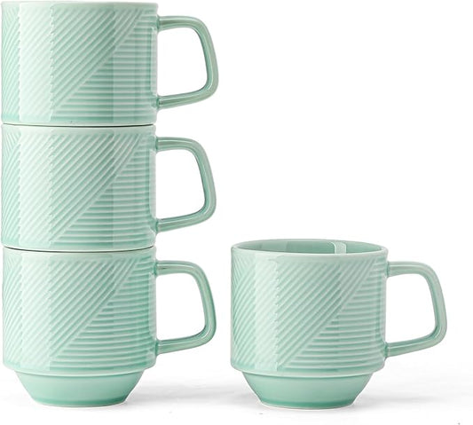 Stackable Coffee Mugs Set: 13 oz Ceramic Stacking Cups for Cappuccino Latte Tea - Microwave Safe Mug for Home & Office - 4 PCS, Mint Green