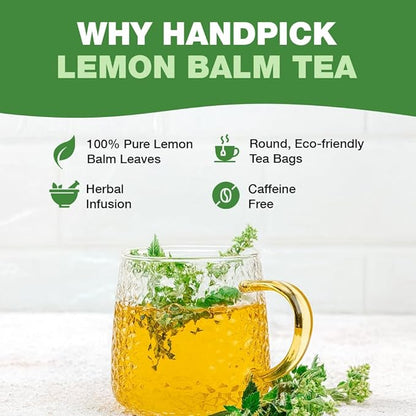 HANDPICK Lemon Balm Tea Bags – 100 Count | 100% Pure & Naturally Dried | Caffeine-Free Herbal Tea with Citrus Flavor & Aroma | Premium Lemon Balm Leaf for Calming and Digestion Support